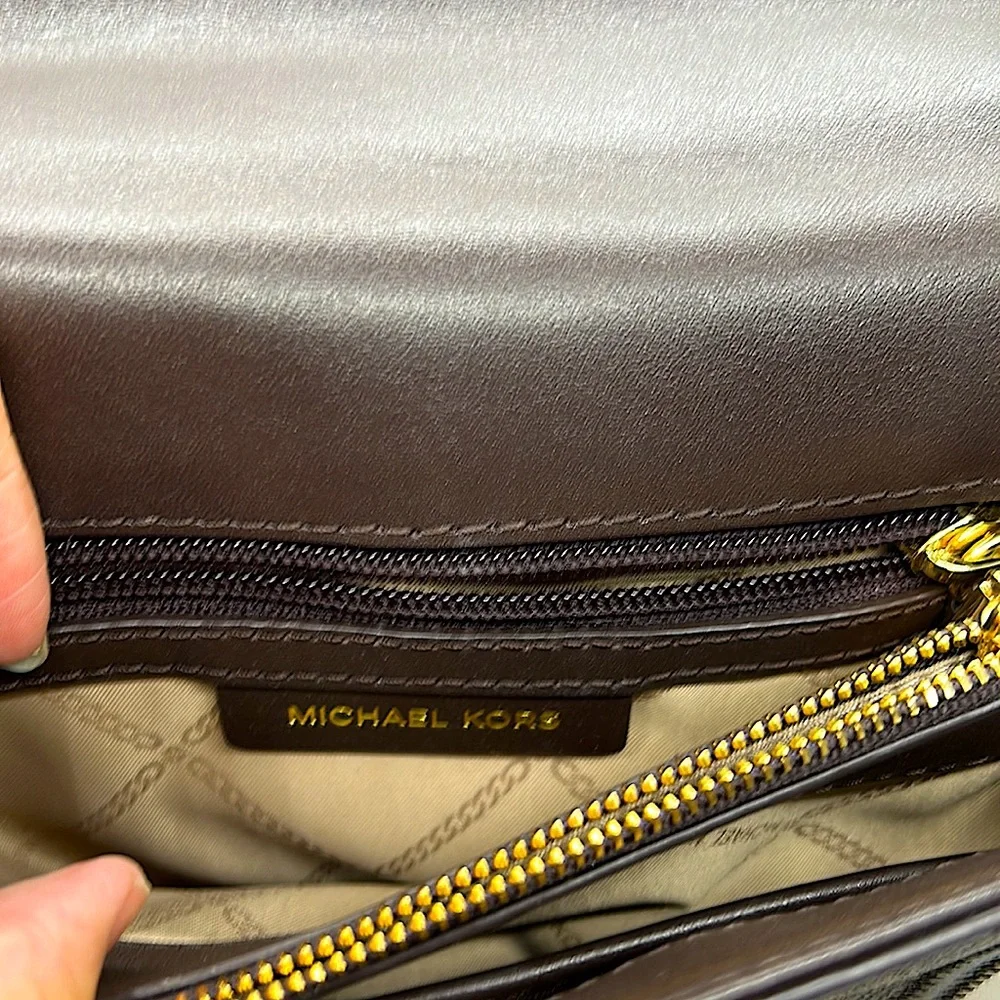 Michael Kors Authentic MK Logo Brown Leather Crossbody Purse Bag With Gold Chain - Picture 5 of 6